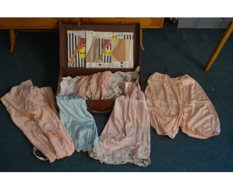 Case Containing Vintage Underwear Including Old New Stock Wartime Knickers, Wolford Stockings 