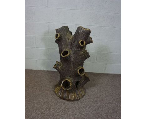 A large Victorian salt glaze stoneware strawberry planter, in the form of a naturalistic tree stump, attributed to  W Hudspit