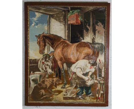 After Edwin Henry Landseer, Shoeing, a tapestry in a mahogany frame, 82cm x 65cm; together with another tapestry of flowers (