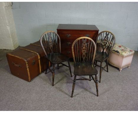 A group of assorted items including an Ottoman, travelling trunk, chest of drawers &amp; three kitchen chairs (6)