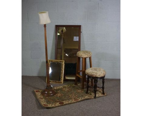 A selection of assorted objects, including a standard lamp, two mirrors, an ebonised piano stool, bar stool and rug (6)