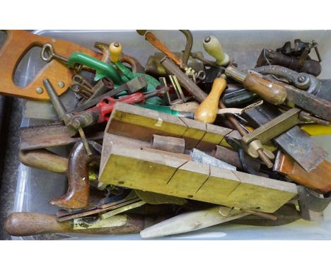 A quantity of assorted garden and workshop tools, including four hand axes, saws, plane and other objects (a lot).