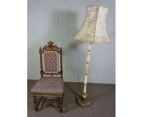 A 17th century style oak side chair, with twist column supports and tapestry back and seat; together with a hardstone and gil