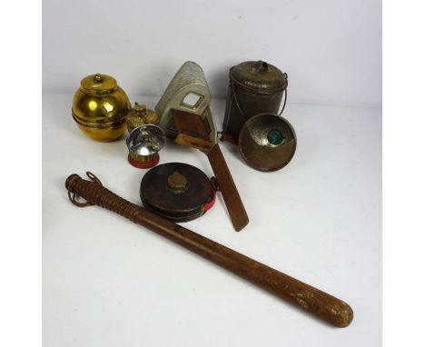 A collection of ephemera including a Stereoscopic viewer (no slides), an early Lipton tea caddy of 'Grenade' form, a truncheo