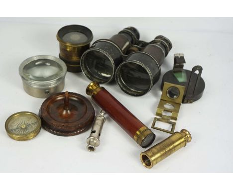 A collection of optical instruments, including a small 19th century folding brass and mahogany telescope, unsigned, 38cm long