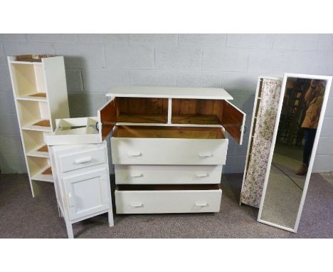 A white painted chest, bedside cabinet, two open shelves, a mirror and small wall shelf (6)