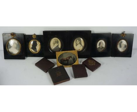 A group of eleven assorted miniatures and early framed photographs, including a portrait silhouette of a Gentleman, indistinc