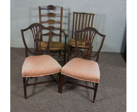 A 19th century Lancashire style ash framed ladder back armchair, with rush seat, together with a Sussex style rush seated cha