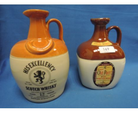 Two ceramic decanters of whisky 12 year old Gran Old Parr deluxe blended scotch whisky, and His Excellency Special reserve sc