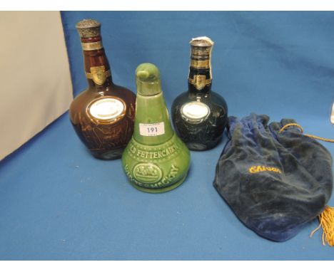 Three ceramic decanters of whisky. A Whyte and Mackay Old Fettercairn, two Royal Salute 21 year old blended scotch whisky 375