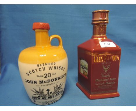 Two ceramic decanters of whisky. A Glen Ranoch special reserve single highland malt whisky 25 year old, and a John MacDonald 
