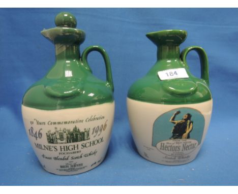Two ceramic decanters of whisky. A Hectord Nector dew of Ben Nevis blended scotch whisky, and Dew of Ben Nevis blended scotch