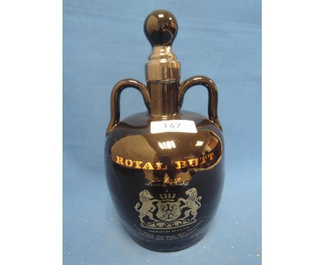 Two ceramic decanters of whisky. A Royal Butt deluxe scotch whisky, twenty six and two thirds fl oz, 75 proof, and an Old Yor