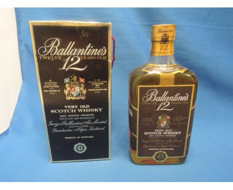 A bottle of Ballantines 12 years old scotch whisky, no strength or capacity on label, in original presentation box