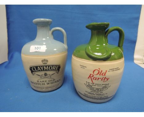 Two ceramic decanters of whisky Claymore Rare Old scotch and Old Rarity Deluxe scotch