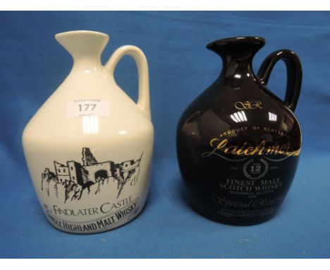 Two ceramic decanters of scotch whisky. A Findlaters Castle single highland malt and a Laichmor 12 year old malt whisky, no s