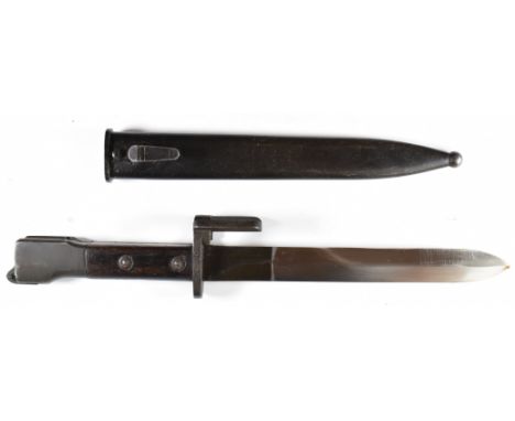 Belgium bayonet for the F.N FAL rifle with wooden grips and flash hider, X2 E1 54 58 to tang, 19cm single edged blade, with s