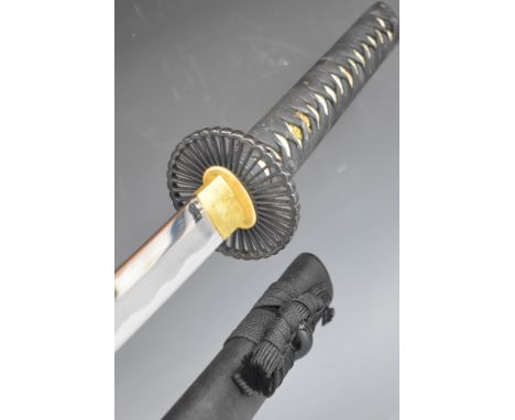 Japanese Samurai sword with bound grip, pierced circular guard, 71cm slightly curved blade (tip missing) and scabbard.&nbsp;P