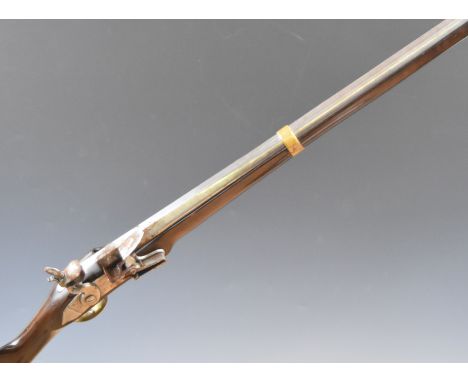 Unnamed 12 bore flintlock muzzle loading gun with brass trigger guard and butt plate, steel ram-rod, sling mounts and 43.5 in