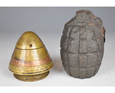 Four section brass and copper fuse cone, together with a Mills bomb in relic condition