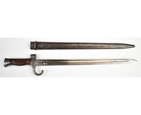 French 1892 pattern Mannlicher Berthier bayonet with wooden grips, overlapping muzzle ring, downswept quillon marked 458, 40c