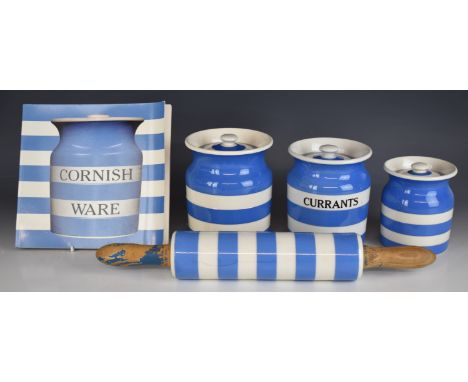 T. G Green three graduated storage jars, rolling pin and a Cornishware book, tallest 17cm