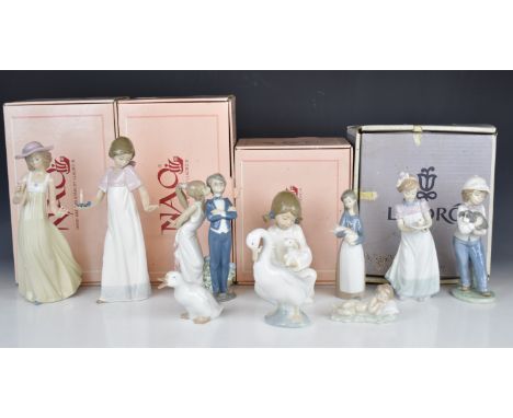 Ten Lladro / Nao bird and child figures including Let's Make Up, Happy Birthday, Girl with Pig / Lamb, Girl with Chamberstick
