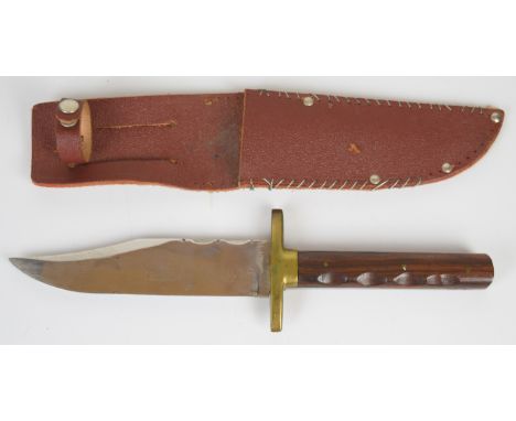 J. Nowill &amp; Son's Bowie hunting knife with wooden grips, 14cm blade inscribed with maker's name and leather sheath.&nbsp;