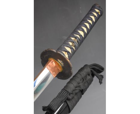 Japanese Samurai sword with bound grip, two menuki, decorated tsuba with copper habaki, 72cm curved blade and scabbard.&nbsp;