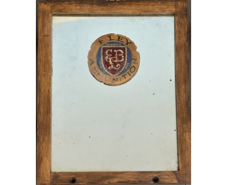 Eley Ammunition ex shop display oak framed advertising mirror with hand painted decotation, 27x22cm.
