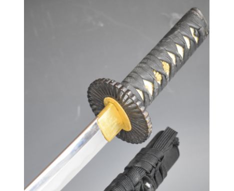 Japanese short sword with bound grip, pierced circular guards, 53cm single edged blade with distinctive hamon and scabbard.&n