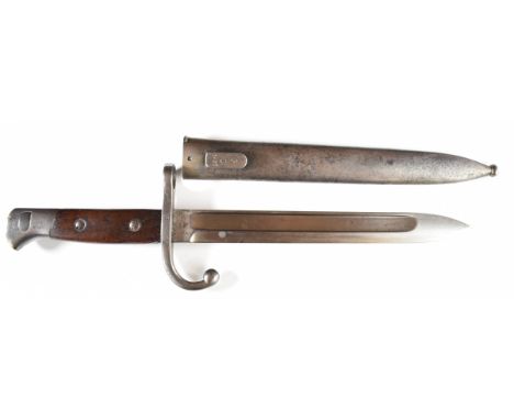 Belgium 1889 pattern knife bayonet marked T6451 to crosspiece, with wooden grips, downswept quillon, 24.5cm single edged full