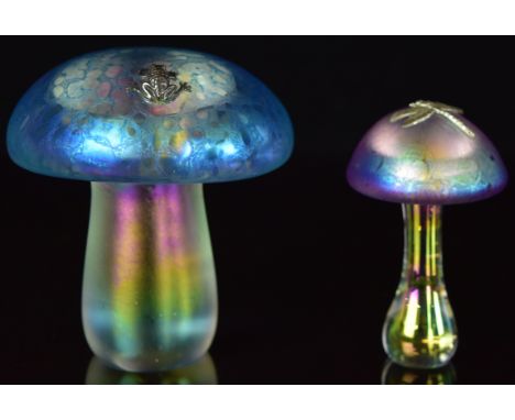 John Ditchfield for Glasform iridescent glass paperweight in the form of a mushroom or toadstool with clear base, blue top an