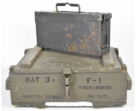 Two military ammunition boxes, one wooden marked 'KAT 5A Brutto 22kg F-1 Treningowe 30 SZT' (49 x 36 x 19cm) the other metal 