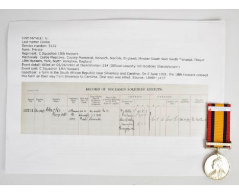 British Army&nbsp;Queen's South Africa Medal with clasp for Transvaal named to 5132 Pte G&nbsp;Clarke, 18th Hussars, killed i