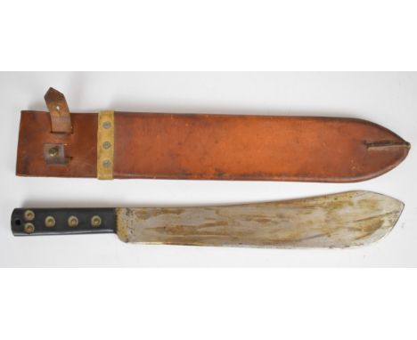 British Cold War machete by Martindale, No 227 with broad arrow mark KE8277 and 1956 to 37cm blade, with leather sheath marke