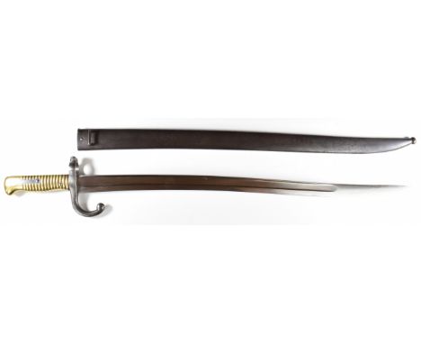 French 1866 pattern chassepot bayonet with brass grip, external leaf spring cross guard marked AG 45130, 57.5cm yataghan blad