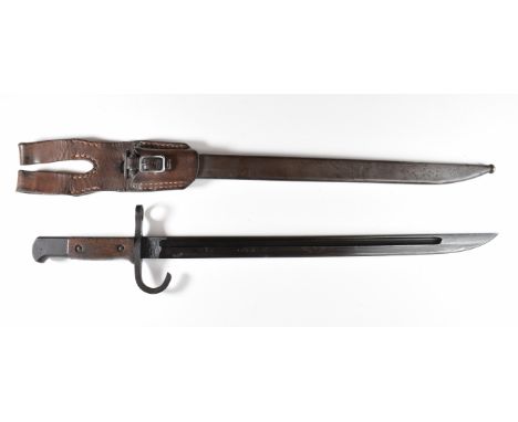 Japanese Arisaka Type 30 bayonet with wooden grips, downswept quillon, 39.5 single edged blade, scabbard and frog.&nbsp;PLEAS
