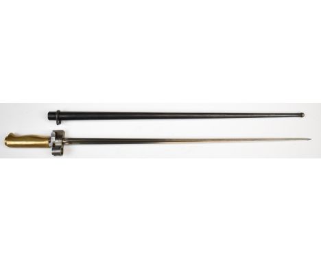 French 1886/ 93/16 pattern Lebel bayonet with brass grip, 52cm cruciform blade marked 72561 to bottom of guard and scabbard, 