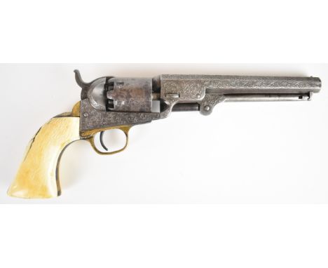 Colt Navy six-shot single action percussion revolver with all over scrolling engraving, brass trigger guard and grip strap, c