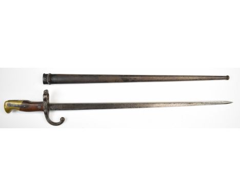 French 1874 pattern Gras bayonet with wooden grips, 40518 to crosspiece, a 52cm single edged blade and scabbard.&nbsp;PLEASE 