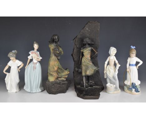 Four Nao figurines including girl with puppy and hoop and two Genesis Fine Art figures, tallest 37cm