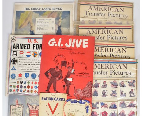 WW2 American interest ephemera including four packs of American transfer pictures No. 9002 M.P. &amp; Co, US Armed Forces pub