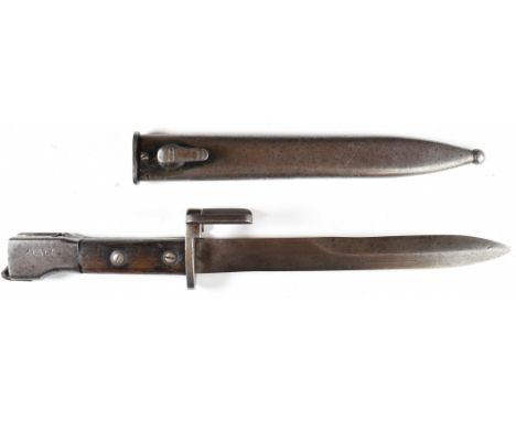 Belgium bayonet for the F.N FAL rifle, with wooden grips and flash hider, marked 16465 to pommel, with 19.5cm single edged bl