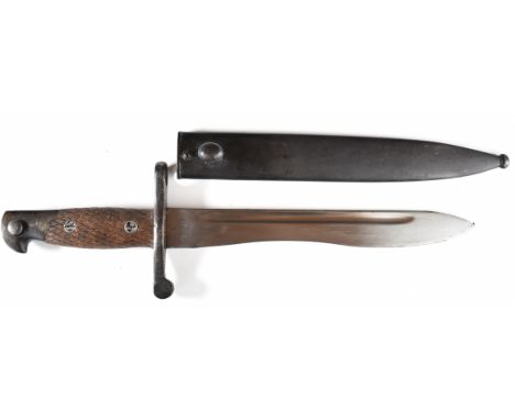 Spanish 1941 pattern Bolo bayonet with slatted wood grips, 6531 A to ricasso, a 24.5cm single edged blade and scabbard.&nbsp;