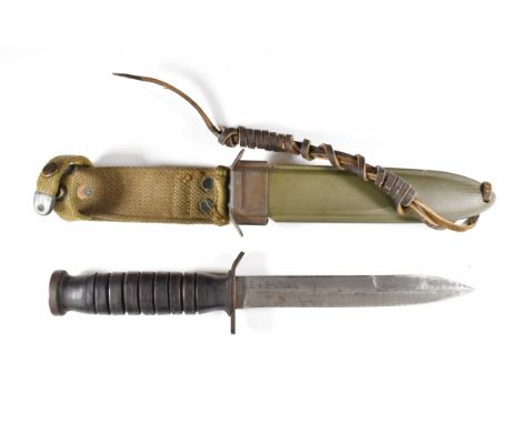 American WW2 era M3 fighting knife with leather grip, U.S M3 Utica to 17cm blade, scabbard marked U.S M8, B.M.Co with belt lo