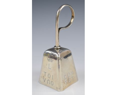 Lord Llangattock, Rolls Royce car interest unmarked silver hand dinner bell, with coronet above L and motto below, height 11c