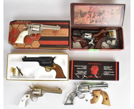 Five various airsoft and replica revolvers including King Arms and Tanaka Colt Single Action Army .45, Denix and Sigle Action