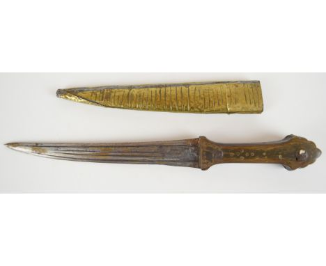 19thC Indian / Eastern dagger with riveted horn handle and engraved decoration, in brass covered wooden scabbard, the blade 1