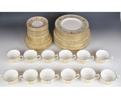 Royal Worcester dinner and tea ware decorated in the Hyde Park pattern, mostly twelve place setting, approximately 64 pieces